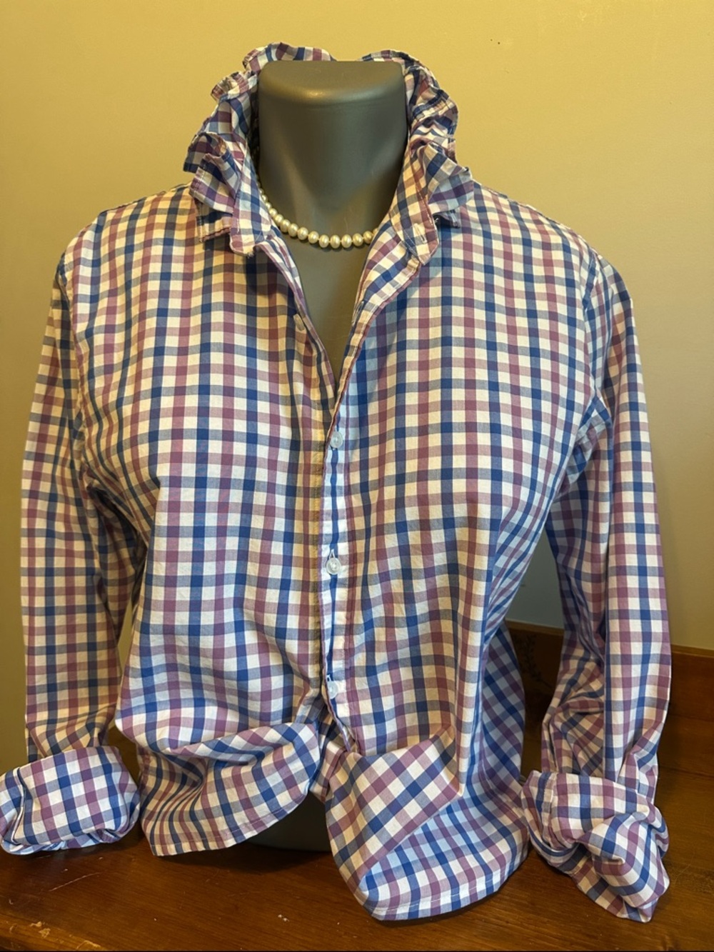 Goodthreads Purple & White Check Ruffle Collar Button-Down
